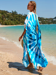 Boho Dress Women's Plus Floral Tie Dye Print V Neck Side Split Kaftan