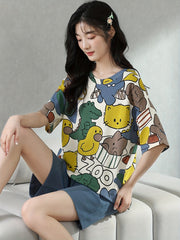 Cartoon Print Pajama Set Short Sleeve Top & Cozy Shorts Women's Loungewear