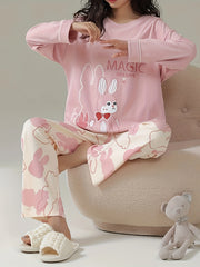 Bunny Print Pajama Set Long Sleeve Crew Neck Top & Pants