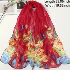 Peacock Print Chiffon Scarf Breathable Shawl Women Outdoor Gauze Head Wrap