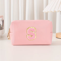 Chenille Letter Patch Makeup Bag - Initial Preppy Cosmetic Bag