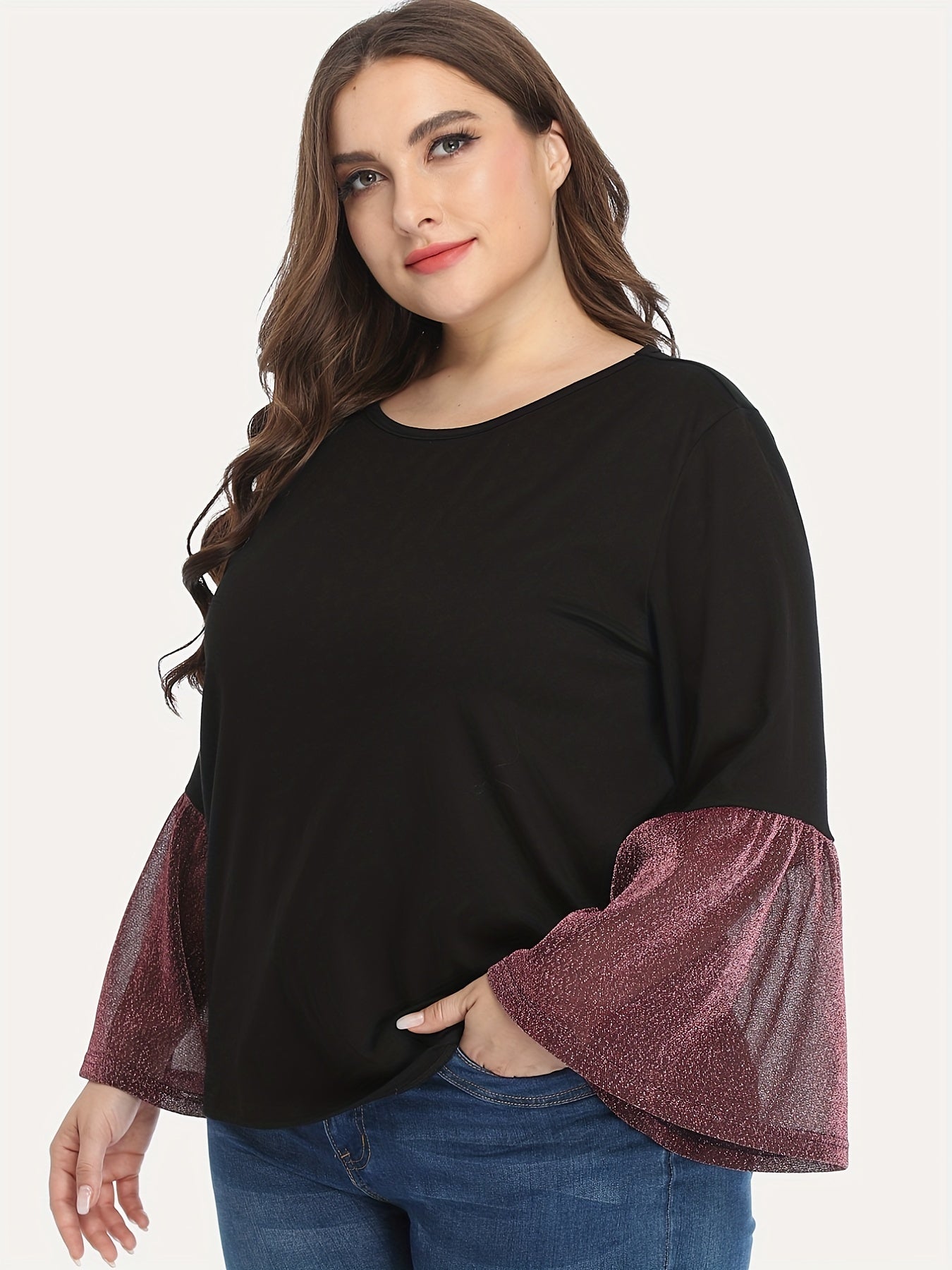 Colorblock Glitter Bell Sleeve Round Neck Top