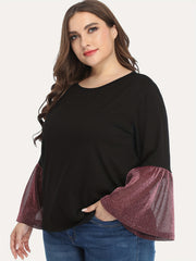 Colorblock Glitter Bell Sleeve Round Neck Top