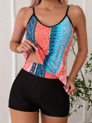 Striped Print V Neck Spaghetti Straps Tankini Swimsuit