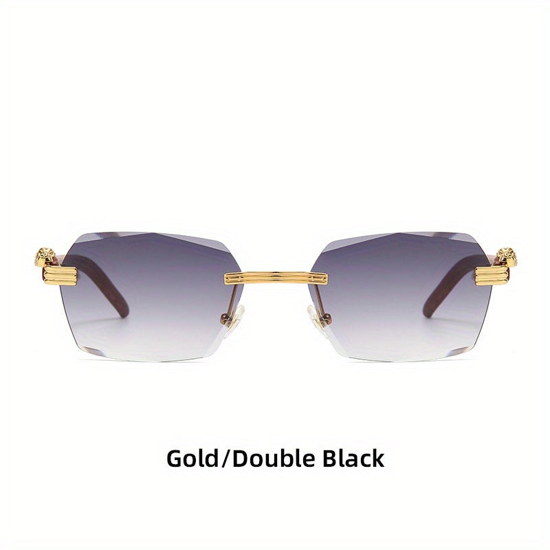 Men's Wood Print Leopard Head Rimless Sunglasses Square Frame Glasses