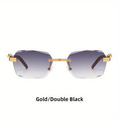 Men's Wood Print Leopard Head Rimless Sunglasses Square Frame Glasses