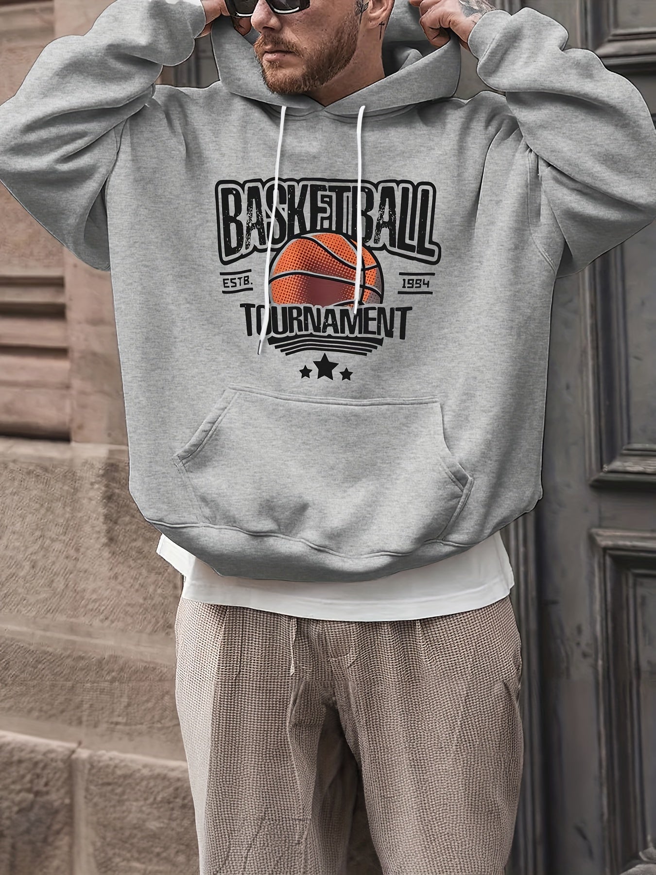 Basketball & Letter Print Hoodies For Men Graphic Sweatshirt Hooded Pullover