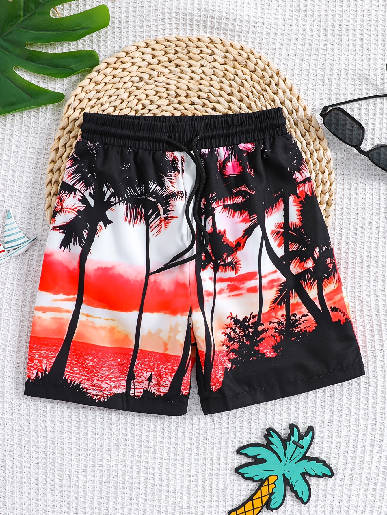 Coconut Trees Pattern Drawstring Boys Beach Trunks Kids Swimming Shorts