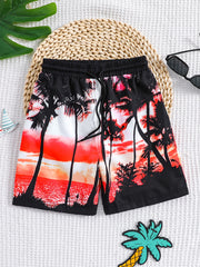 Coconut Trees Pattern Drawstring Boys Beach Trunks Kids Swimming Shorts