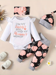 4pcs Baby Girls Long Sleeve Romper Bandana Hat Flowers Trousers Set