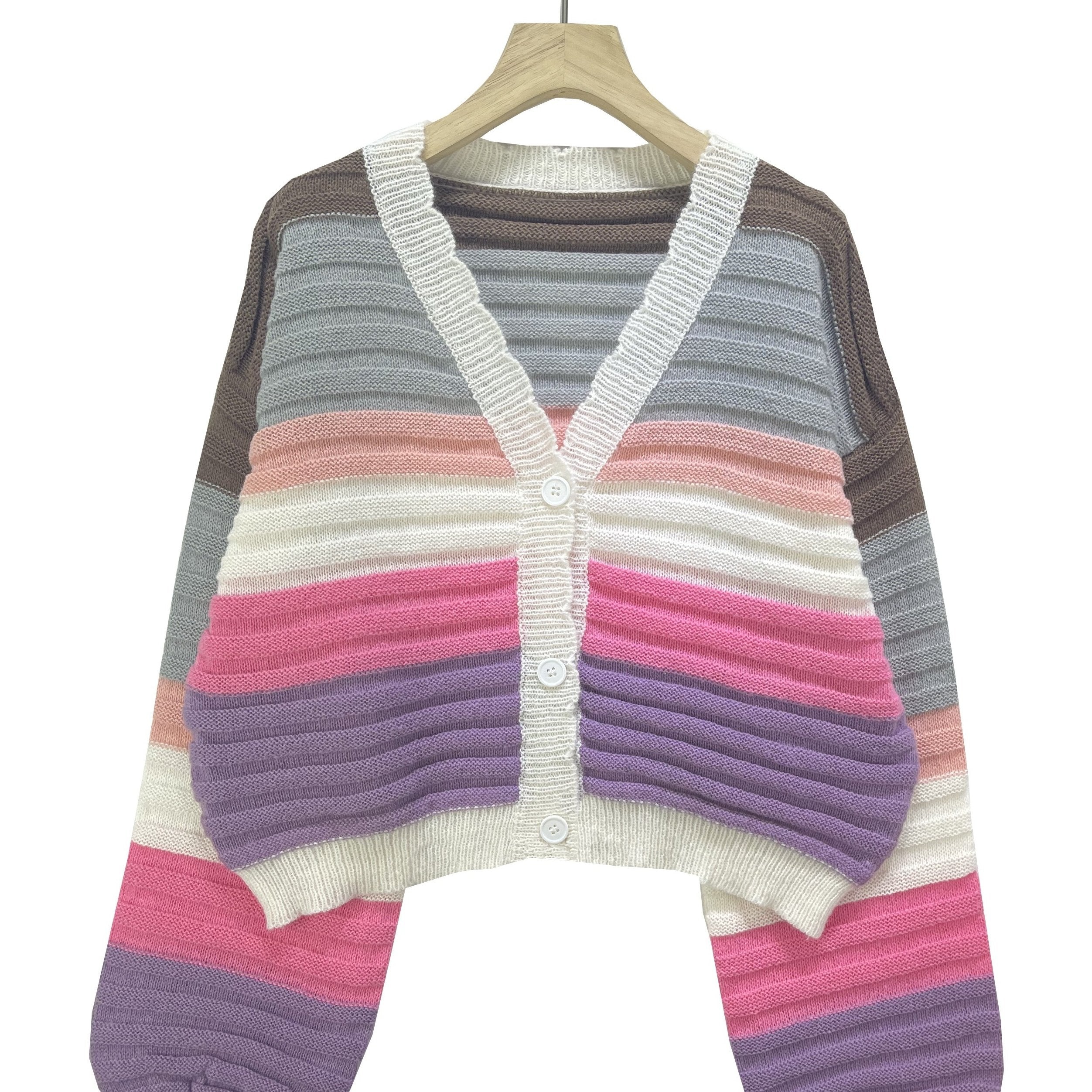 Striped Button Up Scallop Trim Cardigan Casual Long Sleeve Sweater