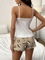 Drink & Cake Print Pajama Set Cami Top & Shorts Women's Sleepwear