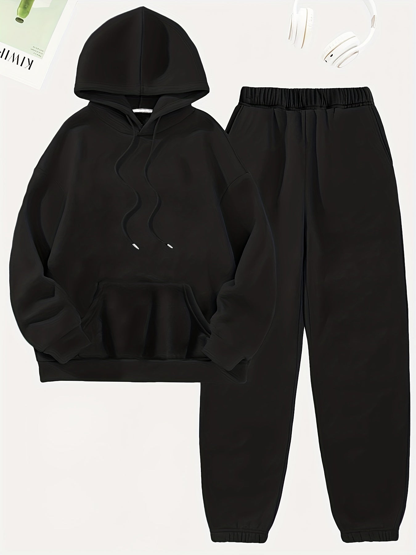 Solid Casual 2pc Set Hoodies & Jogger Pants Women's Clothing