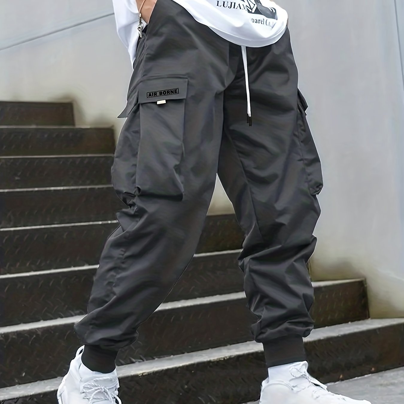 Men's Drawstring Cargo Pants Casual Outdoor Baggy Trousers