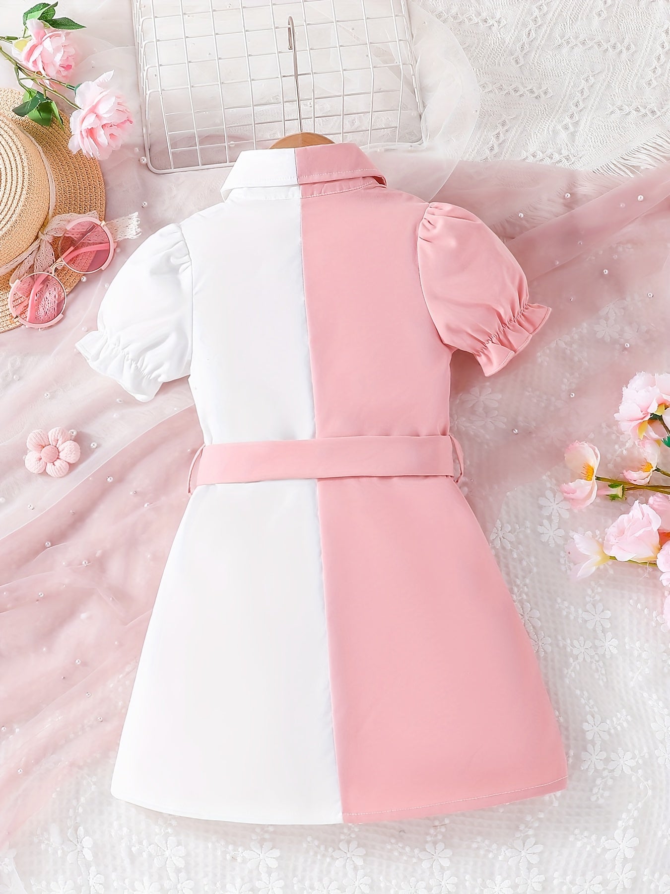 Girls Causal Block Puff Sleeve Button Down Lapel Dress With Belt