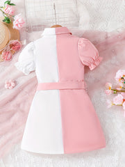 Girls Causal Block Puff Sleeve Button Down Lapel Dress With Belt