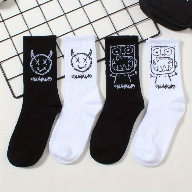 4 Pairs Cartoon Print Socks Fun Mid Tube Socks Women's Stockings