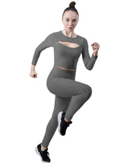 2pc Honeycomb Long Sleeve Yoga Set & High Waist Gym Leggings