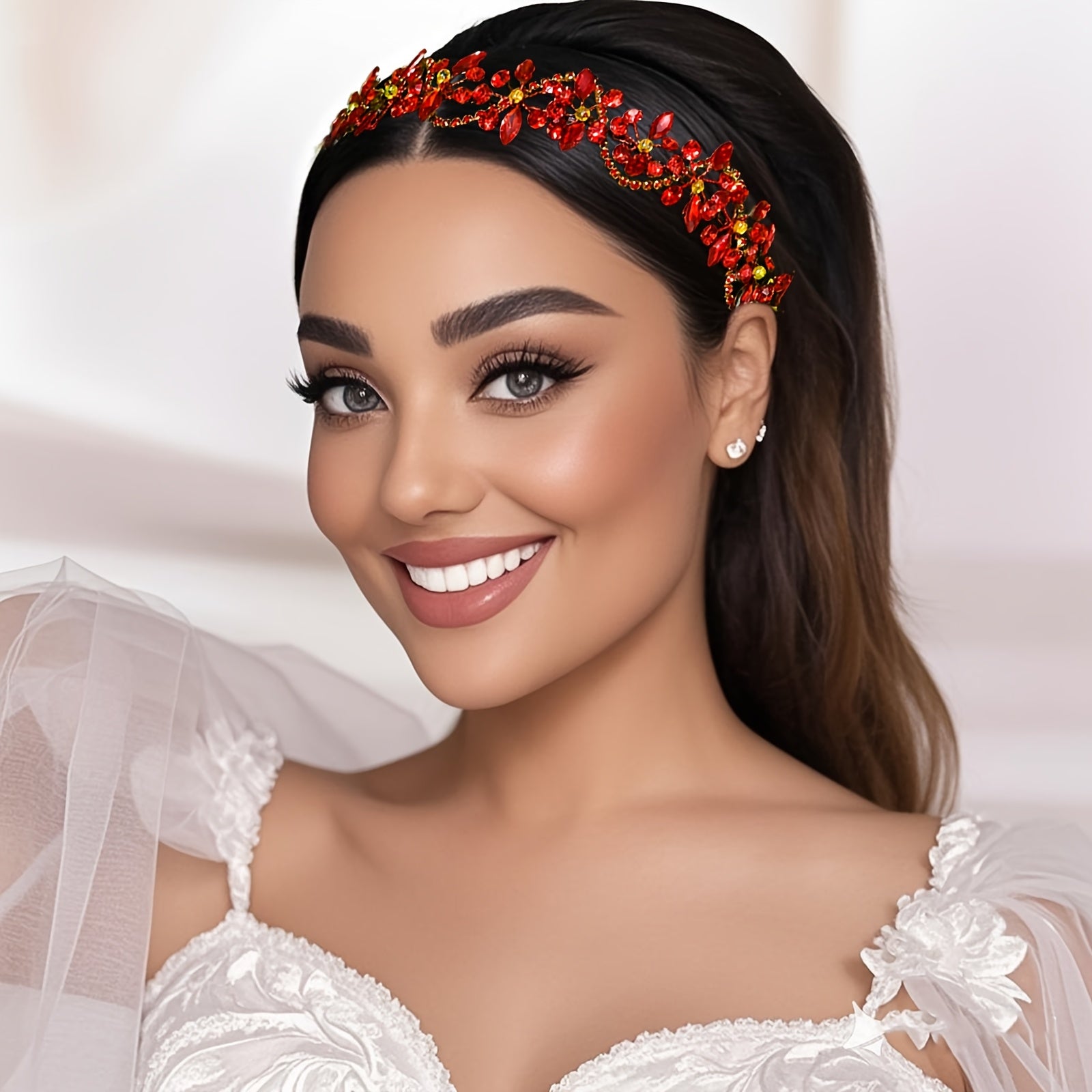 Vintage Red Rhinestone Bridal Headband for Women Floral Sparkling Accents