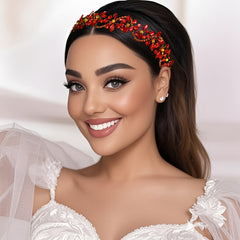 Vintage Red Rhinestone Bridal Headband for Women Floral Sparkling Accents