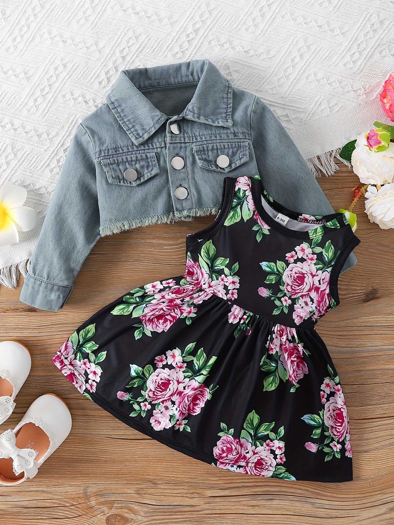 2pcs Baby Girls Dress & Denim Jacket Set