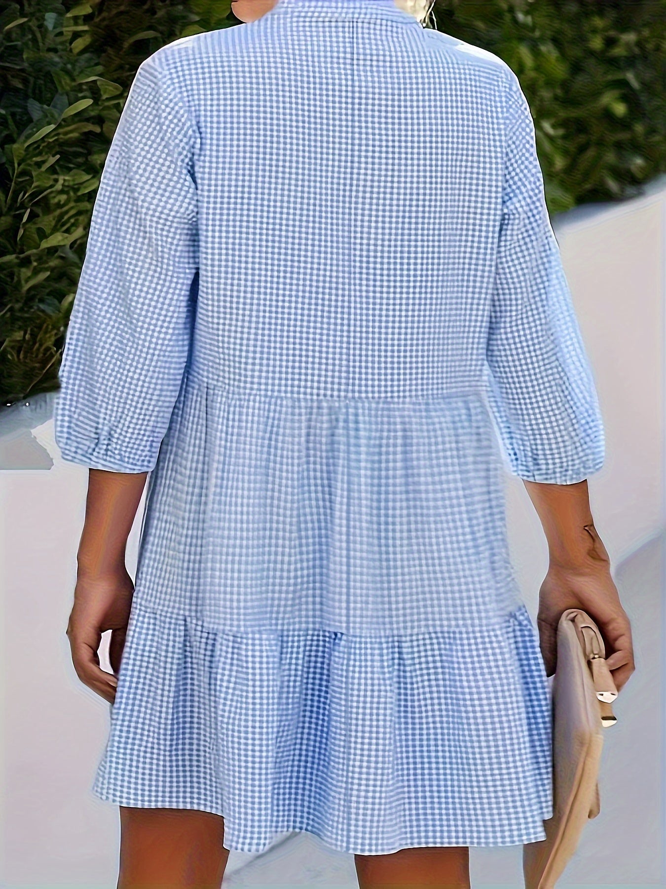 Plaid Print Button Up Three Quarter Sleeve Mock Neck Smock Dress