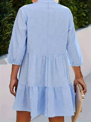 Plaid Print Button Up Three Quarter Sleeve Mock Neck Smock Dress