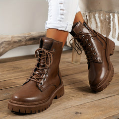 Women's Faux Leather Flat Ankle Boots Waterproof Walking Boots