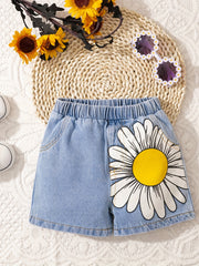 Baby's Sunflower Print Denim Shorts With Pockets