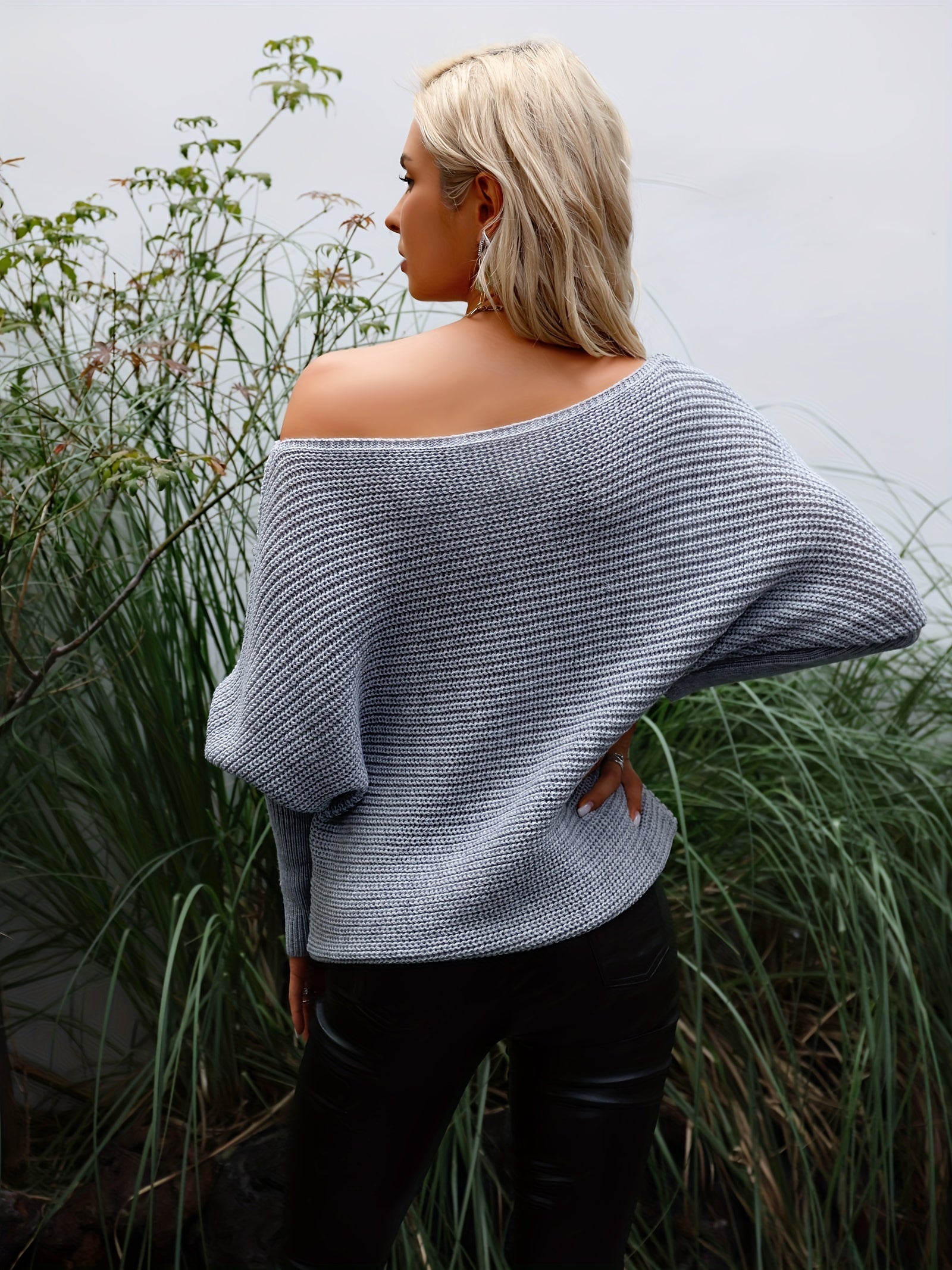 Solid Boat Neck Knit Sweater Casual Long Sleeve Versatile Sweater