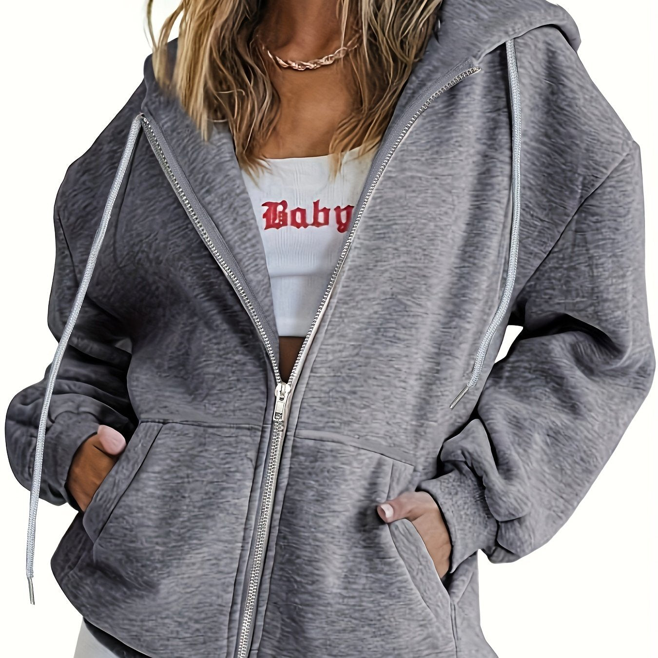 Solid Zip Up Hoodie Casual Long Sleeve Drawstring Hoodies Sweatshirt