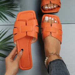 Women's Solid Slide Sandals Square Toe Flat Summer Shoes Lightweight Beach Shoes