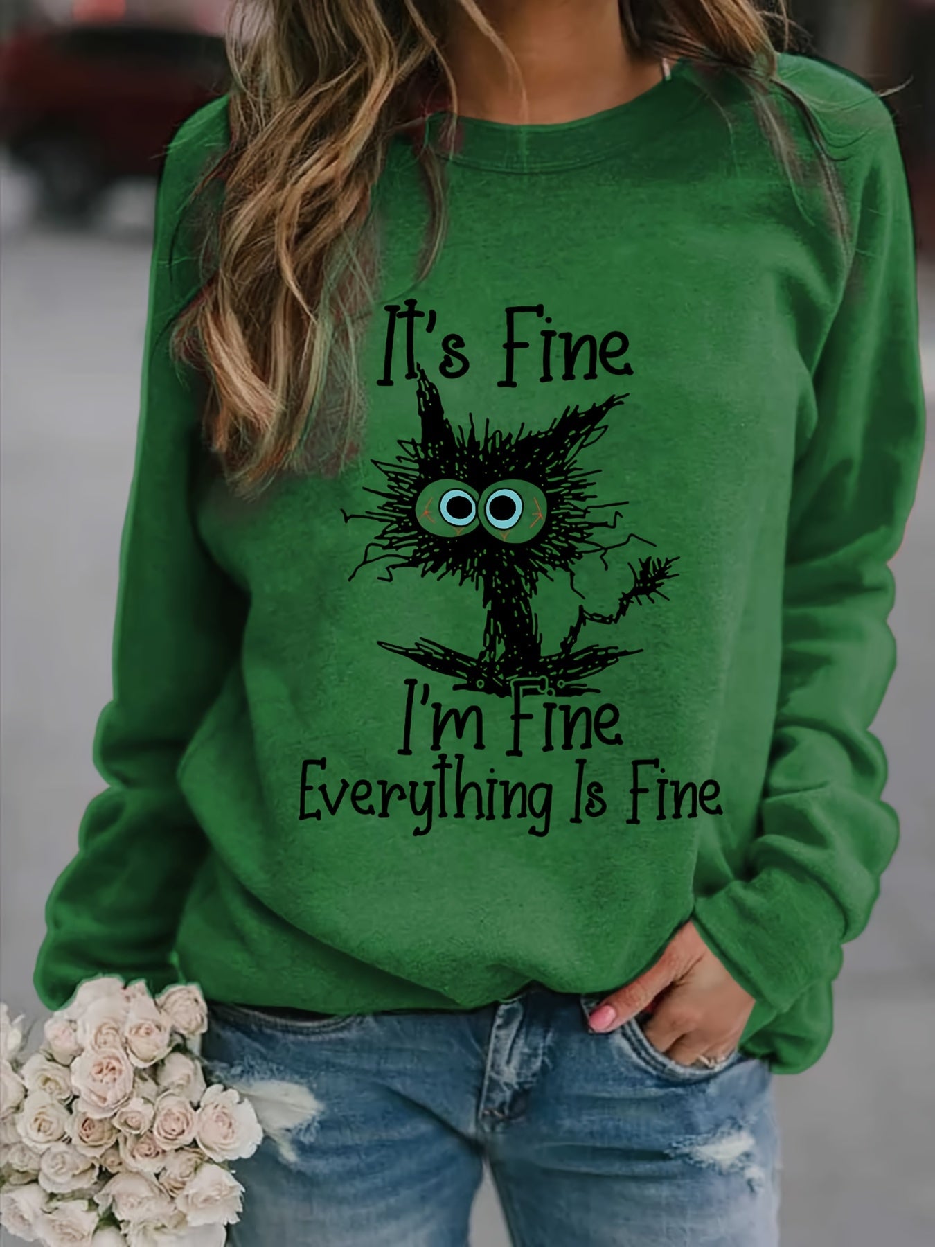 Cartoon Cat Print Sweatshirt Long Sleeve Crew Neck Casual Sweatshirt