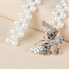 Butterfly Buckle Faux Pearl Belt Rhinestone Decor Elastic Waistband
