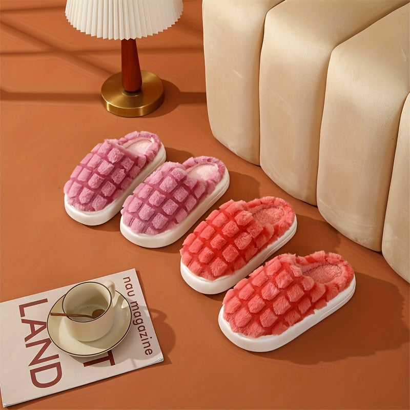 Fuzzy Plaid Platform Slippers Non Slip Indoor Shoes