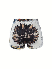 Letter & Sunflower Print Skinny Shorts For Women