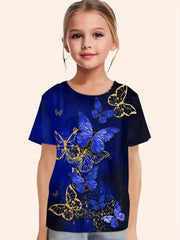 Butterfly Print Short Sleeve T shirt Girls Comfy Pullover Summer Clothes