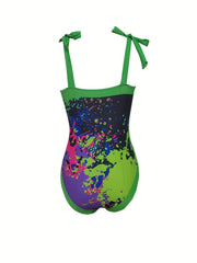 Green Graffiti Print Tie Shoulder One Piece Swimsuit Set