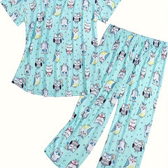 Cartoon Owl Print Pajama Set Short Sleeve V Neck Top & Elastic Waistband Pants