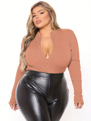 Sexy Bodysuit Ribbed Zipper Long Sleeve Round Neck Skinny