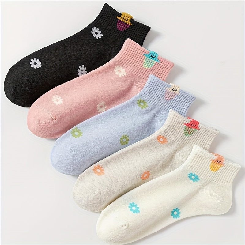 5 Pairs Floral Print Short Socks Women's Stockings & Hosiery