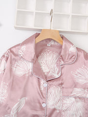 Satin Floral Print Pajama Set Long Sleeve Tops & Pants