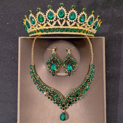 Green Crystal Bridal Jewelry Set Party Rhinestone Tiara Necklace Earrings