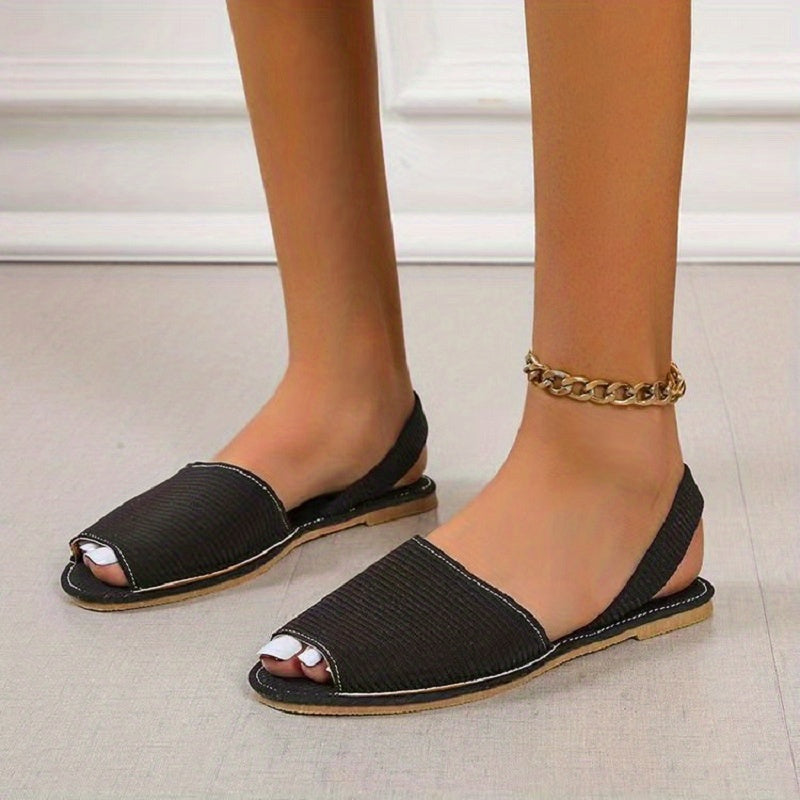 Women's Fabric Peep Toe Flat Sandals Solid Slingback Slip On Shoes