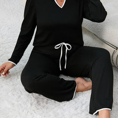 Contrast Trim Tee & Lace Up Pants Lounge Set Pajama