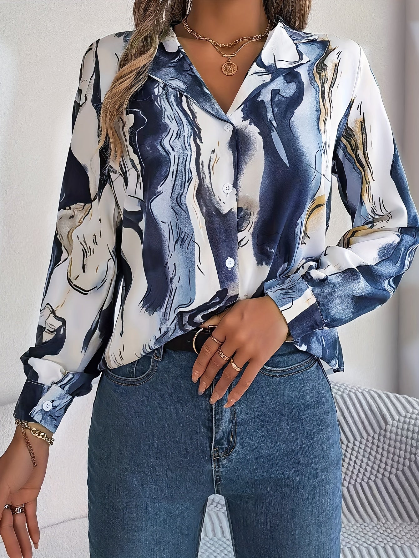 Marble Print Button Up Collar Top