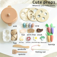 Wooden Play Kitchen Set with Cooking and Dining Utensils