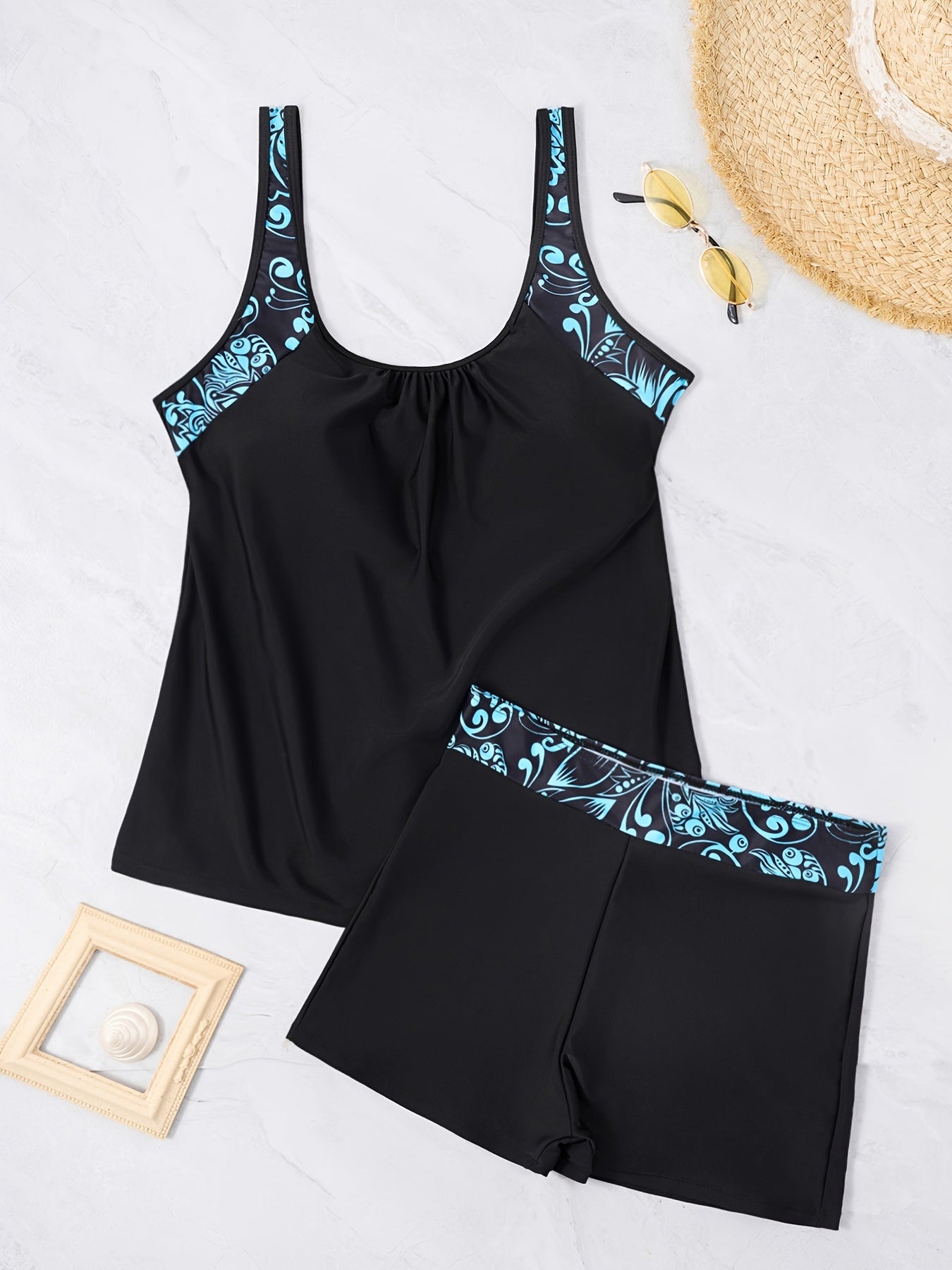 Floral Print Tankini Set Women's Scoop Neck Cami Top & Shorts Swimsuit