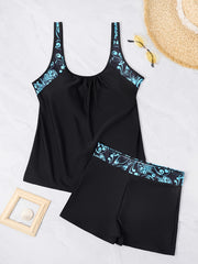 Floral Print Tankini Set Women's Scoop Neck Cami Top & Shorts Swimsuit