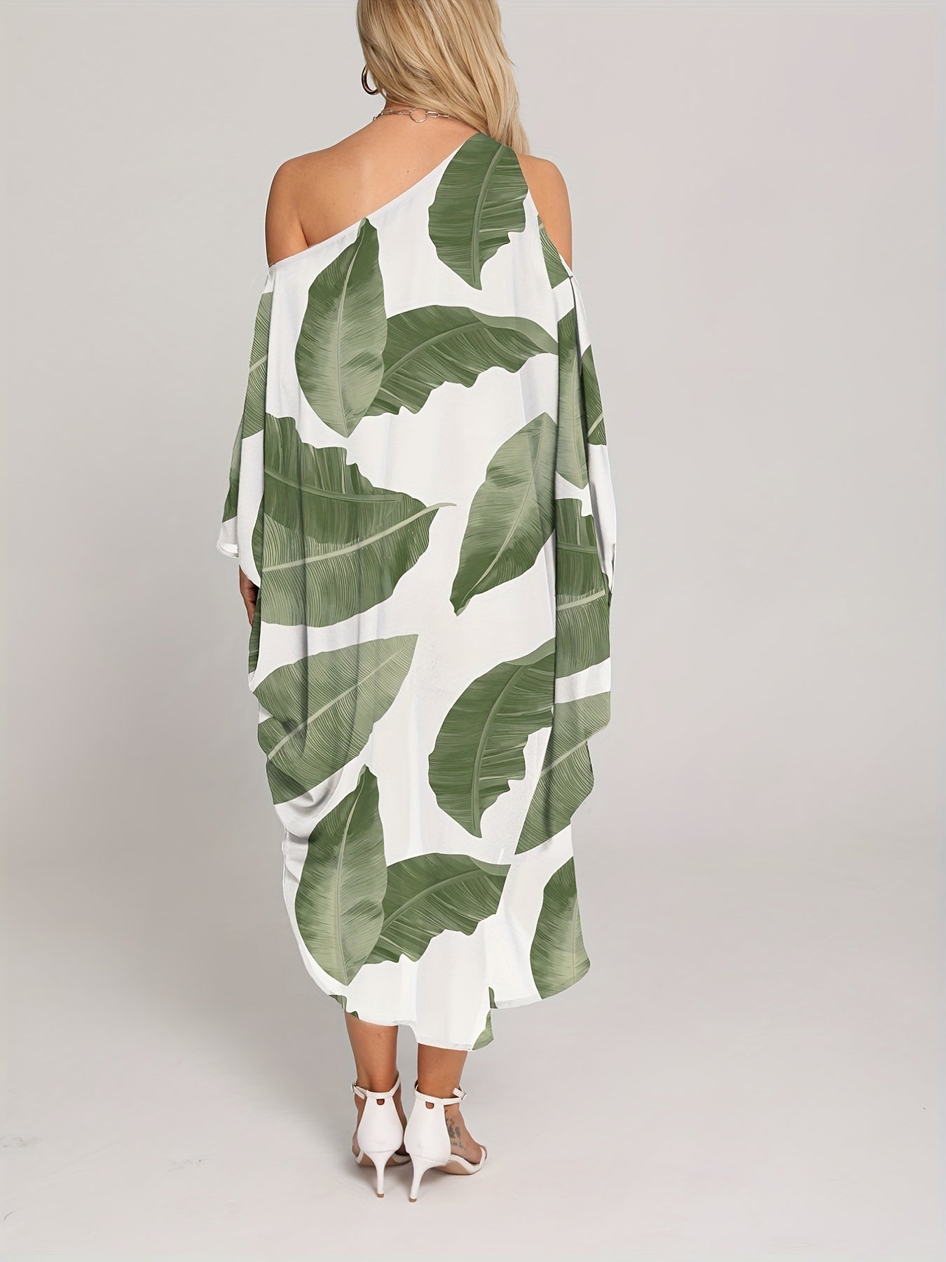 Leaf Print Cover Up Dress One Shoulder Loose Fit Asymmetrical Beachwear Kaftan